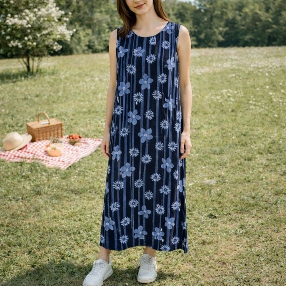 Sag Harbor Vintage 90's Mom Navy Blue Floral Maxi Summer Picnic Dress Size Large